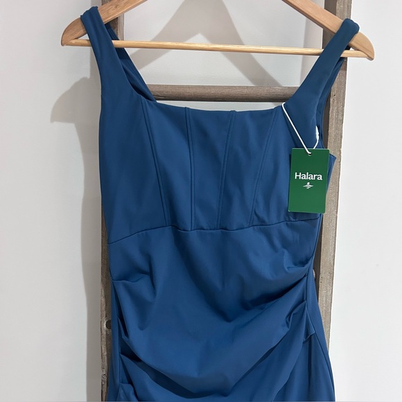 Halara Square Neck Corset Ruched Bodycon Midi Casual Dress Majolica Blue NWT S - Picture 2 of 9